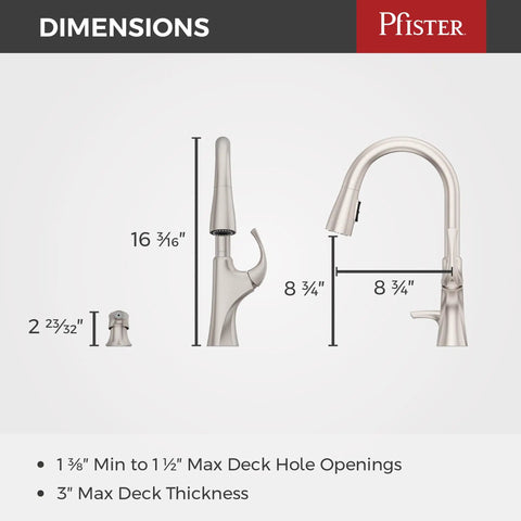 Dimensions of Miri Kitchen Faucet With Pull Down Sprayer And Soap Dispenser, Single Handle, High Arc Spout, Spot Defense Stainless Steel