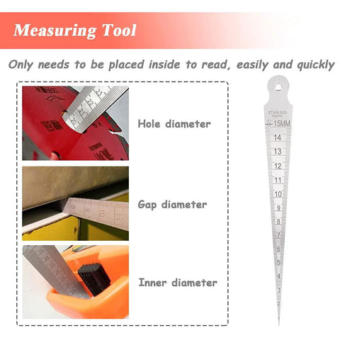 Mesee taper gauge 1–15 mm stainless steel measuring tool with metric scale; hole, gap, inner diameter examples