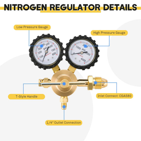 Versatile Nitrogen Regulator For Tanks And HVAC Purging With 0 to 800 PSI Delivery Pressure, dual gauges, CGA580 inlet Weyleity