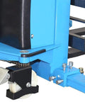 Close-up of the wheel mechanism of a Semi Electric Pallet Stacker Straddle Forklift With Adjustable Forks and Support Legs.