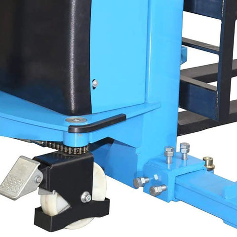 Close-up of the wheel mechanism of a Semi Electric Pallet Stacker Straddle Forklift With Adjustable Forks and Support Legs.