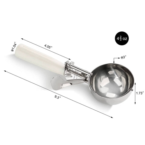 Thumb-Press Food Disher Ice Cream Scoop 4.67 Oz Size 6 White, 18/8 Stainless Steel, NSF Certified Portioner with Dimensions