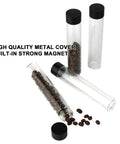 Single Dose Coffee Bean Storage Glass Tubes With One-Way Degassing Valves To Lock In Freshness And Trap Aroma Inside, set of four with black caps.