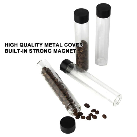 Single Dose Coffee Bean Storage Glass Tubes With One-Way Degassing Valves To Lock In Freshness And Trap Aroma Inside, set of four with black caps.