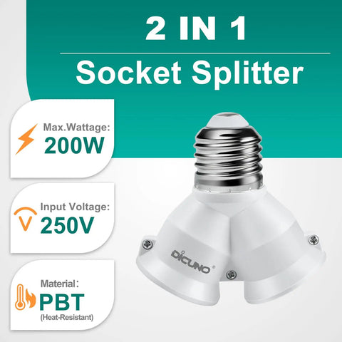 Two Pack 2 In 1 E26 Socket Splitter Adapter Y Shape Lamp Holder Converter For Two Standard Bulbs In One Socket Up To 200W
