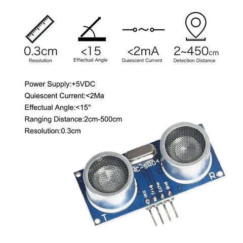Five Piece Ultrasonic Sensor Blocks Kit With Three Mounting Brackets For DIY Robot Nerds And Raspberry Pi Arduino Mega Duemilanove Projects, Distance Sensor Ranging 2cm To 450cm, 0.3cm Resolution, Broad Compatibility For Mech Builds product showing HC-SR04 sensor module with specifications
