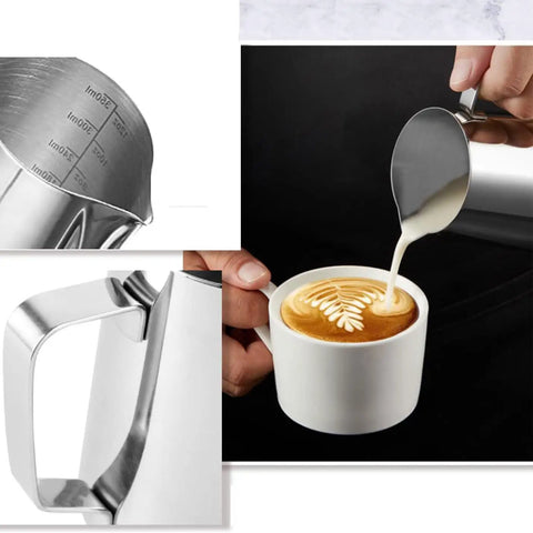Stainless Steel 304 Milk Frothing Pitcher Cup 12oz 350ml With V Mouth Design shown pouring milk into a coffee cup for latte art.