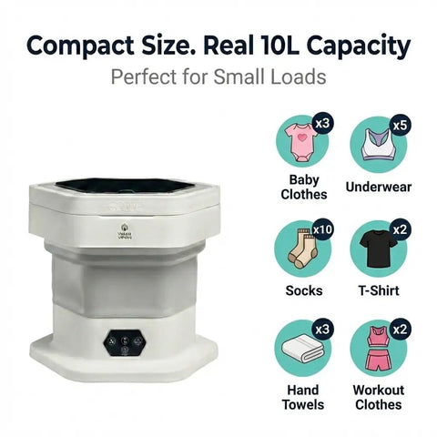 Portable Folding Washing Machine With 12 L Mini Capacity perfect for college dorms, showcasing compact design and laundry capacity.
