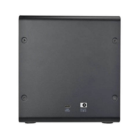 Kickass Four Bay External Hard Drive Enclosure For 3.5 And 2.5 Inch Sata Ssd Hdd Delivers Hot Swap With Savage 10 Gbps Usb Type C Transfer Speeds And Smooth Led Indicator Panel back view showing USB port, power connector, and durable black finish.