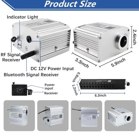 Dimensions of Bluetooth LED Fiber Optic Star Ceiling Light Kit with App Control, 460 fibers, showing power and signal inputs.
