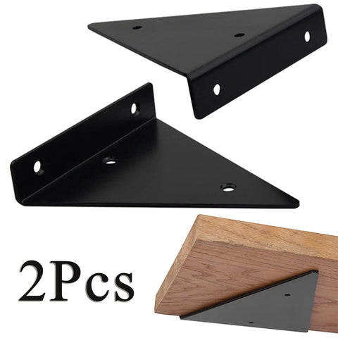 Flat Out Heavy Duty Hidden Metal Shelf Brackets Built Like A Boss For Rock Solid Wall Mounted Storage, Rust Proof Steel Triangle Supports Black 11 Inch 2 Pack, two black brackets angled with wood shelf.