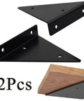 Heavy Duty Black Metal Floating Shelf Brackets Rock Solid Triangle Design Wall Mounted Corner Hardware Real Deal Steel Support For Diy Shelving Two Pack showing two brackets with wood.