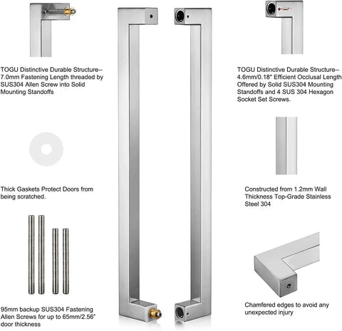 Heavy Duty 600mm Stainless Steel Push Pull Door Handle, 304 Grade Solid 1.2mm Thick, Square Or Rectangle Shape, Mirror Chrome Finish