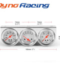 Front view of Dyno Racing chrome triple gauge kit with 52mm volt, water temp 100–280°F, and oil pressure 0–100 psi.
