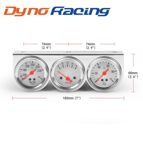 Front view of Dyno Racing chrome triple gauge kit with 52mm volt, water temp 100–280°F, and oil pressure 0–100 psi.