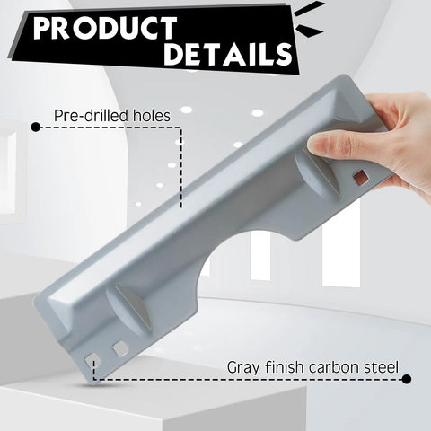 Heavy Duty Iron Latch Guard Plate Covers Tough As Nails Extra Long 11 Inch Steel Strike Plate Security Latch Protector Kit visible with pre-drilled holes.