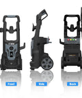 Front, side, and back views of Electric Pressure Washer 1600 PSI 1.2 GPM With Detergent Tank, 12 Amp Motor, Grime Zapper Power