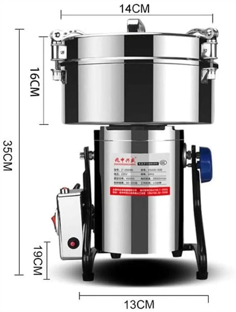 Stainless Steel Electric Grain Grinder Mill High Speed 2000G Capacity with dimensions for busy home cooks and small business use.