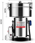 Front view of a Powerful 2000g Stainless Steel Electric Grain Grinder Mill with measurements shown