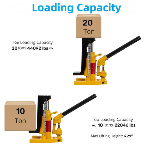 Heavy Duty Hydraulic Toe Jack delivering solid 20 ton lift with easy squeeze pump for farm rigs and garage builds, capacity shown.
