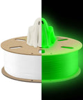 Glow In The Dark Green PLA Filament 1.75mm 1kg for 3D Printing on spool, showing daytime and glowing in darkness