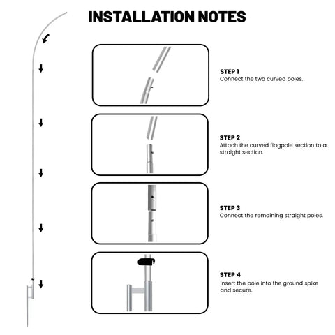 Installation steps for 18Ft Aluminum Feather Flag Pole Kit For Swooper Flags, showing pole assembly and securing with ground spike.