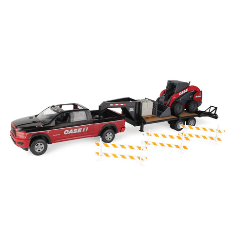 RAM 2025 Dealership Truck With Case IH Skid Steer And Gooseneck Trailer 1 16 Scale Lights And Sounds Real Steering Front Wheels Tailgate Open Indoor Outdoor Toy For Kids Ages 3 Plus