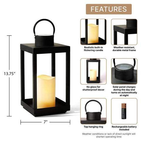 Outdoor Solar Lantern For Porch And Patio, Large Black Metal Lantern With Waterproof LED Candle, No Glass, 14 Inches