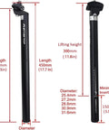 Extra Long 440mm Aluminum Bike Seat Post Replacement For BMX MTB And E-Bikes with size details and measurements shown.