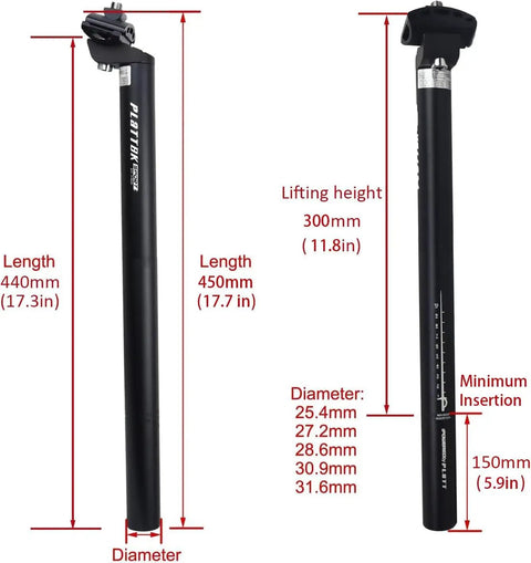Extra Long 440mm Aluminum Bike Seat Post Replacement For BMX MTB And E-Bikes with size details and measurements shown.