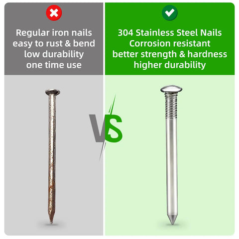 Comparison of regular iron nails and 304 stainless steel spikes for Manual Lawn Aerator With 19 Stainless Steel Spikes 2.7 Inch Length Rust Resistant 304 Stainless Dethatching And Soil Aeration Tool Pre Assembled Grass Yard Care Garden Tool.