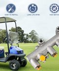 Brake Master Cylinder Assembly For Emerge Golf Carts E2 And E4 Replacement Replaces 1007491 1007840 shown next to blue golf cart