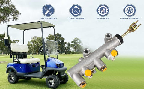 Brake Master Cylinder Assembly For Emerge Golf Carts E2 And E4 Replacement Replaces 1007491 1007840 shown next to blue golf cart
