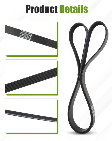 Serpentine Drive Belt For Toyota Camry Corolla Matrix RAV4 Scion XB And Pontiac Vibe EPDM Belt Built To Last With Top Notch Wear Resistance For Smooth Performance And Long Life On Your Daily Ride. Black EPDM serpentine belt, 7PK1905, close-up