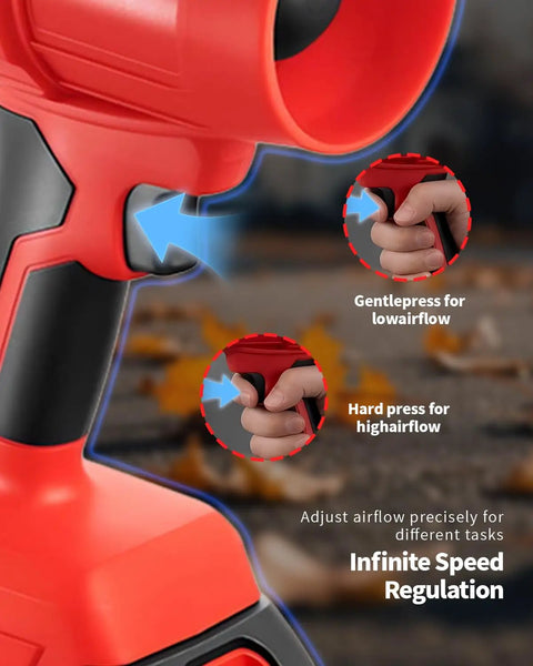 Close-up of red 21V Cordless Leaf Blower with ergonomic handle showing airflow adjustment buttons for gentle and hard press settings.