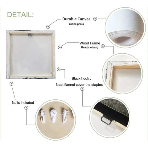 Detail image of a durable canvas giclee print with a wood frame and hanging accessories for easy mounting.