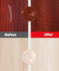 Before and after image of scratch repair using Heavy Duty Wood Repair Kit And Touch Up Paint For Furniture Scratches And Stains Hardwood Floor Cabinet Veneer Filler.