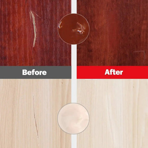 Before and after image of scratch repair using Heavy Duty Wood Repair Kit And Touch Up Paint For Furniture Scratches And Stains Hardwood Floor Cabinet Veneer Filler.
