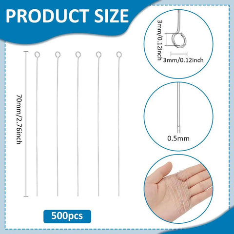 500Pcs 304 Stainless Steel Eye Pins 2.7 Inch Head Pins 24 Gauge Jewelry Findings With 3mm Heads And 3mm Eye Holes, Durable Craft Pins In Clear Storage Box, 70mm size diagram
