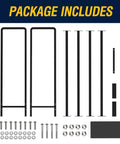 Package contents of 8ft Heavy Duty Firewood Rack including steel frame components and hardware for assembly