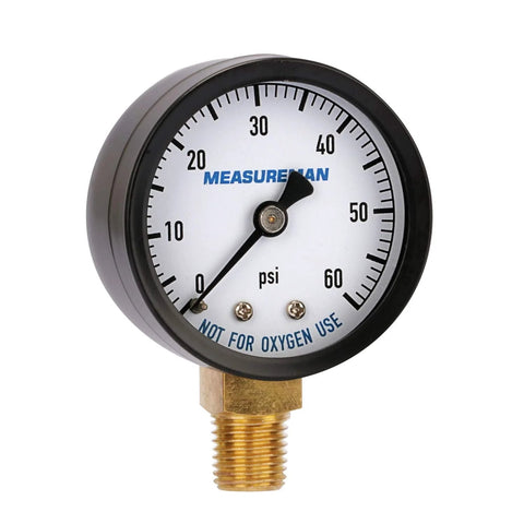 MeasureMan 2-inch dry and utility pressure gauge, 0-60 psi, 1/4 in NPT lower mount, front view