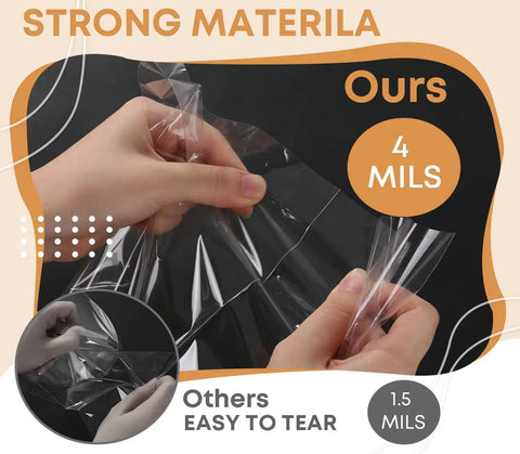 Hands stretching Clear Cellophane Treat Bags 200 Pack 6X10 Inch With Gold Twist Ties for durability comparison.