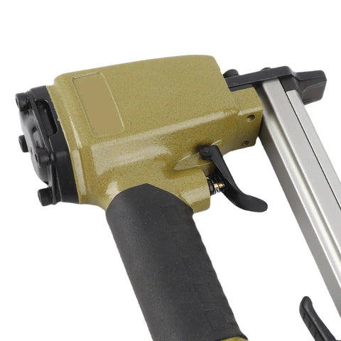 High-Octane Pneumatic Air Nailer With Boss Level 100 Nail Capacity And Swift Touch Control For Carpentry Woodworking Hacks close-up of grip and controls