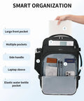 Underseat Travel Backpack for Men 30L Carry On with USB Port, open showing 14 pockets, laptop sleeve, and clear toiletry bag