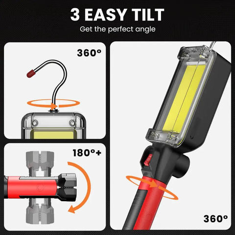 Rechargeable COB LED Work Light With Magnetic Hands Free Mount showing 360-degree rotating hook and adjustable angles.