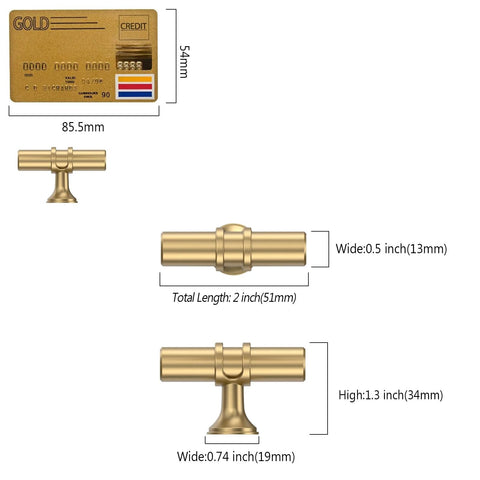 Dimensions of champagne bronze cabinet pulls, showing width and height; part of 10 Pack Champagne Bronze Cabinet Knobs And 2 Inch T Bar Cabinet Pulls For Kitchen Cabinets Drawers And Home Cabinet Hardware ZH0050 Easy To Install And Durable Hardware