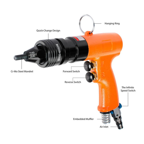 Pro Grade Pneumatic Rivet Nut Tool Kit With Quick Change Gun Head For M6 M8 M10 Mandrels, orange air rivnut gun
