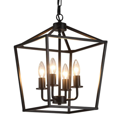 UL Listed Industrial Black Lantern Chandelier With Four Lights, farmhouse metal cage pendant light