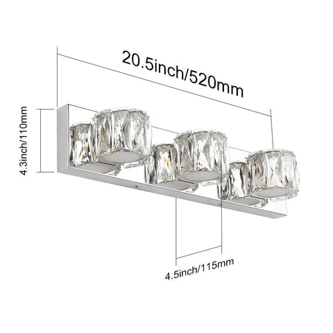 Three Light Crystal Vanity Light Bar Over Mirror Modern LED Bathroom Fixture With White 5500K Light Energy Efficient 18W 20.5 Inch Long