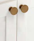 Set Of 10 Antique Brass Cabinet Knobs And Zinc Alloy Drawer Pulls For Kitchen Cabinets And Furniture installed on white doors.